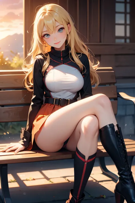  top quality , detailed face ,  cute face,  Masterpiece ,  lady, blonde hair, tight ski outfit,  large breasts,  slim waist, on long bridge, smile, speed run, ,sitting on bench, crossed legs, sunset, hunger, boots