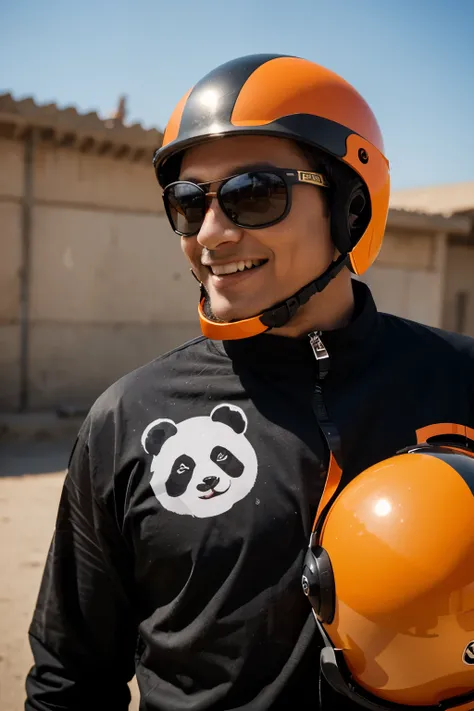 Sticker Panda laughs in black orange shirt wearing sunglasses over helmet