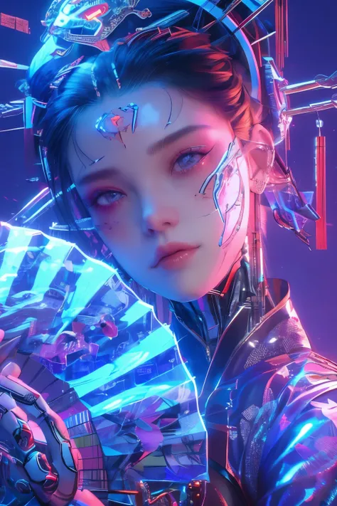 colorful, neon lights, Cyberpunk beauty ,1girl, Chinese fan