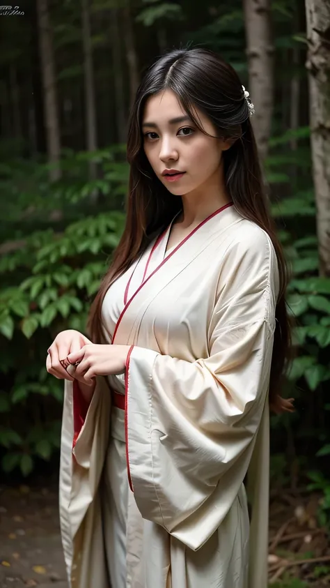 A seductive and mysterious girl with long dark hair, dressed in traditional Japanese clothing, standing in a moonlit forest. The illustration is inspired by the character Ragawa Kiriko from the manga series "Akatsuki no Yona". The artwork is highly detaile...