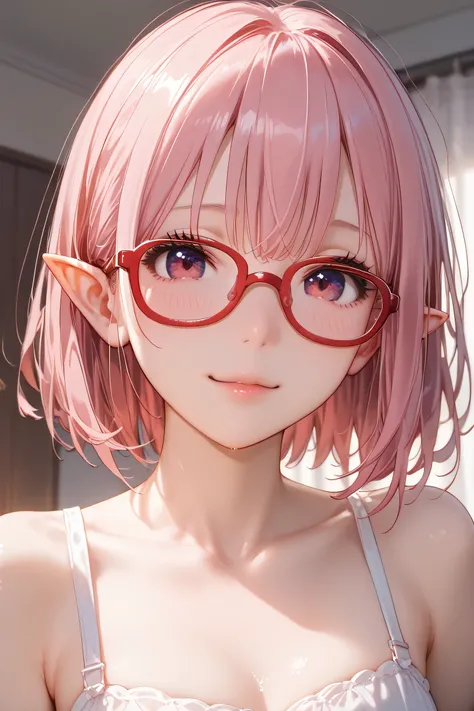 solo、One Womanの子,Junior high school students(((、 Chest slightly flatter than normal、Six-headed、Slim body))) One Woman ,((( cute女の子))) (((  red glasses)))、A little blush、Young Face、 cute、  short bob hair、 milky pink hair with spears、  red glasses、  magenta ...