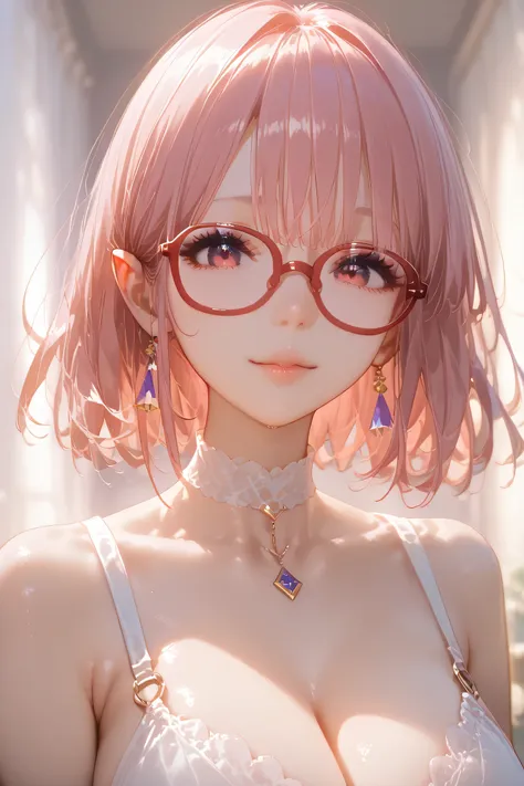 solo、 One Girl 、university student、 cute girl::2((、21 years old、university student、Big Breasts )))) One female、(((  beauty)))(((  Red Glasses)))、 milky pink hair with spears、Red glasses、 magenta eye 、 elf ears ：0. 5、 short bob hair、(( face up to hairstyle)...