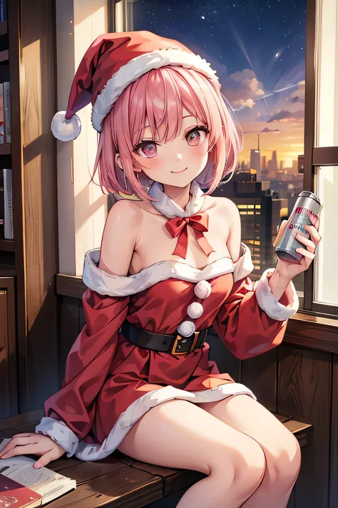 She is smiling and squints her eyes, shouting "Merry Christmas."

An anime-style girl is sitting sideways on the window sill, her left knee raised and her right leg down.
She is holding a can of alcohol in her right hand.

She has pink hair,straight short ...