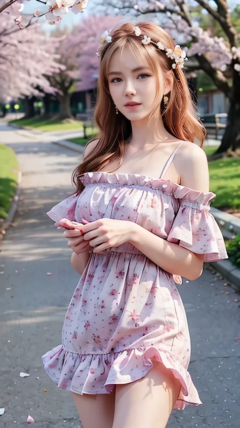 art by Cornflower, dreamy, cherry_blossoms, falling_petals, petals, branch, pink_flower, 1girl,20-year-old, blue_sky, spring_(season), petals_on_liquid, flower, hanami, dress, (Long blond curly hair:1.5),Wearing a wreath,sky, outdoors, cloud, bangs, smile,...
