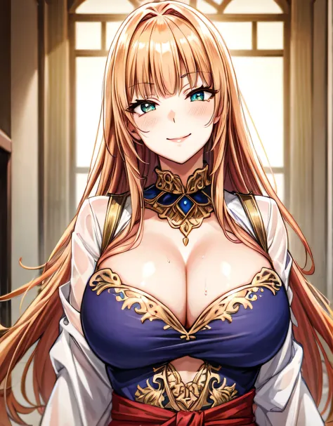 (large breasts:1.55),(shiny,hair),((solo)),((masterpiece)),((best quality)),perfect anatomy,slim waist,perfect image,8k UHD,(beautiful detailed eyes:1.5),extremely detailed face,standing,(upper body:1.2),(look at the front:1.5),arms behindback,ultra-detail...