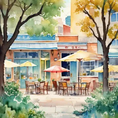 Paint a restaurant with tables and umbrellas on a sunny day, Watercolor style, Detailed Watercolor painting, cozy Coffee Shop background, Watercolor, in a sidewalk Coffee Shop, watercolor illustration style, Watercolor, Watercolor digital painting, Detaile...