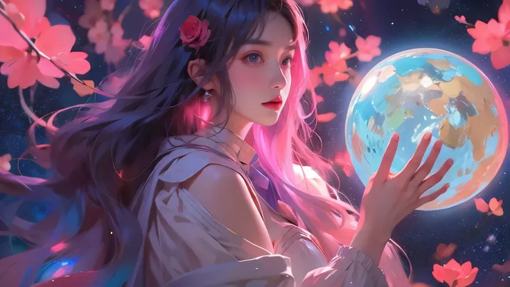 A girl holding a planet in her arms，close up，Glowing fluorescent feeling，Transparency，dream，Monets color scheme，Texture Matte，high quality，High Definition，Rose red，blue，Neon light，Space Background