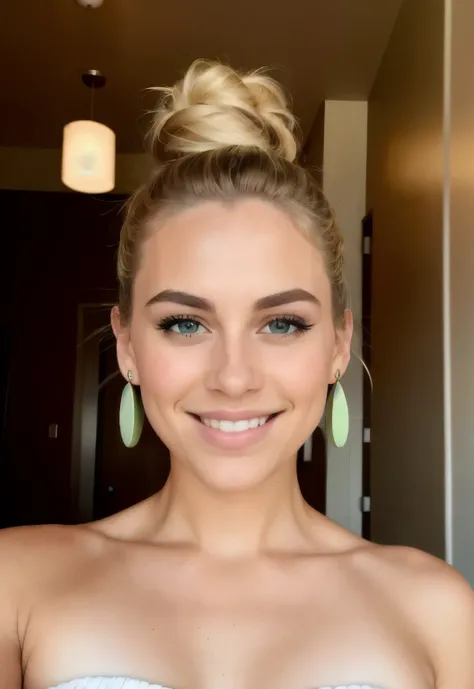 front view ,portrait ,looking at viewer, (pretty light green eyes, beautiful lip, smiling), textured skin , HI detailed skin, (anatomically correct, super detail, high details) dark blonde top knot