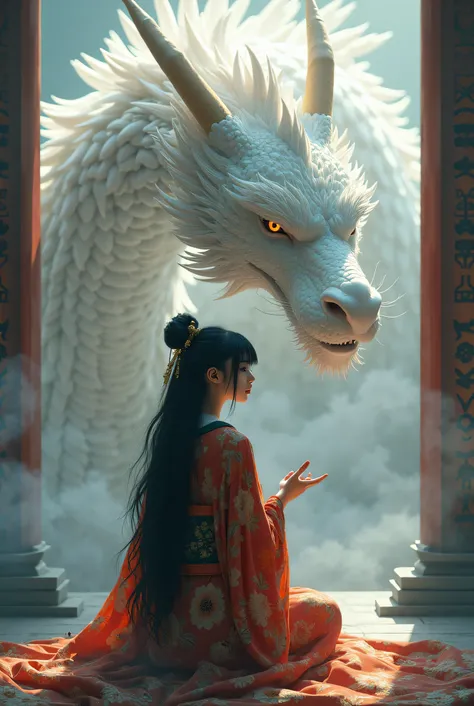 Fortune teller with black hair and short background is white dragon, clothes in kimono, Japanese gods々Shii