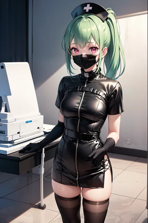 black nurse, 1girl, solo, black nurse cap, black nurse uniform, ((black legwear, zettai ryouiki)), black elbow gloves, ponytail, green hair, pink eyes, ((black surgical mask, covered nose)), standing, ((surgery room)), sharp outline, short sleeves, best qu...