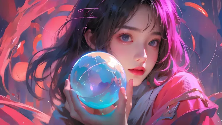 A girl holding a planet in her arms，close up，Glowing fluorescent feeling，Transparency，dream，Monets color scheme，Texture Matte，high quality，High Definition，Rose red，blue，Neon light，Space Background