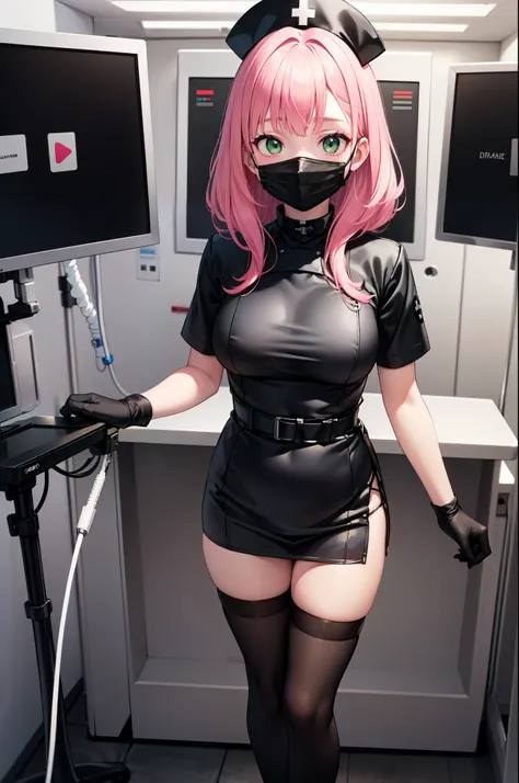 black nurse, 1girl, solo, black nurse cap, black nurse uniform, ((black legwear, zettai ryouiki)), black elbow gloves, pink hair, green eyes, drooping eyes, ((black surgical mask, covered nose)), standing, ((surgery room)), sharp outline, short sleeves, be...