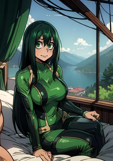 (best quality:1.3), Tsuyu Asui by boku no hero , green eyes, detailed eyes, detailed face,  (looking at the view), busty, cleavage, seductive, sexy, curvy body, big boobs, ((body suit)), ((bedroom)) , sitting on a bed