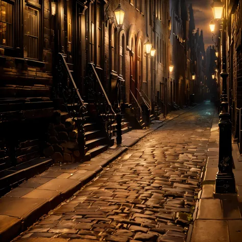 arafed street with a cobblestone road and a row of buildings, dark abandoned city streets, cobblestone street, gothic city streets behind her, dark street, new york back street, city street cinematic lighting, street at night, cobblestone streets, victoria...