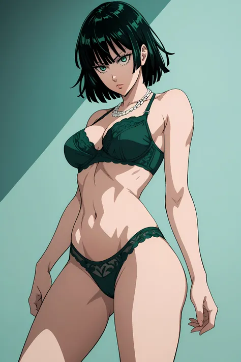  score_9,  score_8_up,  score_7_up,  source_anime, one punch man, fubuki, green short  hair , green eyes, green bra, panty,side shot, tight fitting, neck jewellery, medium chest, curvy body,  standing,  looking at viewer, ,portrait,  slouching forward