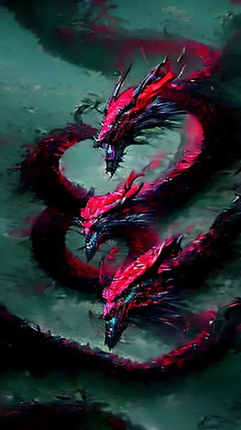  (fantasy) a dragon with red scales on a dark background, a horror feel.