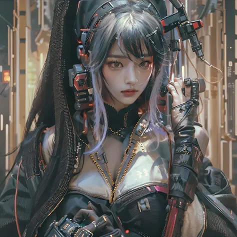 ((Best quality)), ((masterpiece)), (highly detailed:1.3), 3D, beautiful (cyberpunk:1.3) samurai woman with long black hair, black clothes looking at camera