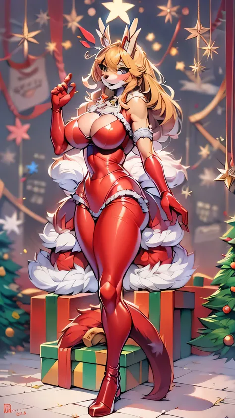  anthropomorphic female dragon ,  big boobs,  thick legs, strong, with tight Christmas outfit, full red latex costume , Mariah Carey, beautiful drawing,  Full body ,  pose standing next to a Christmas tree,  Artwork , 4k