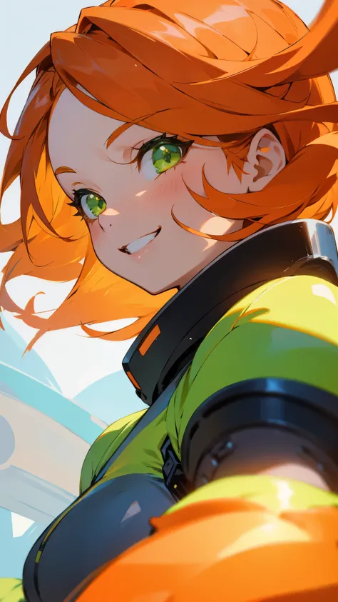 One woman 、 orange hair、Beautiful green eyes 、Grin、 from side、 upper body closeup