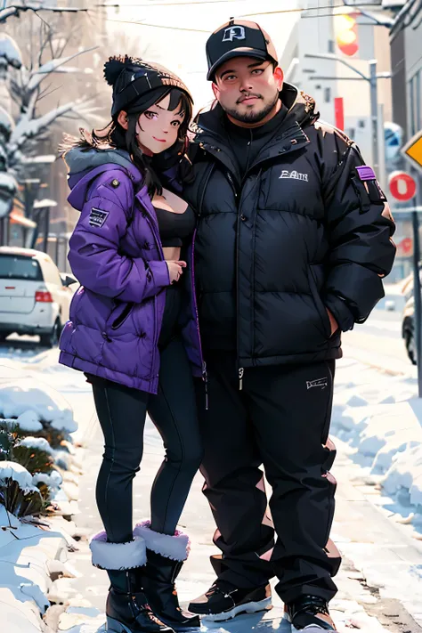 Photo . winter . The photo shows a couple , brother and sister . A beautiful girl . Height 170 cm . black hair . 20 years . Size 3 breasts . violet eyes. She is wearing a down jacket , hat and pants . A fat ugly man is standing with her , he ha...