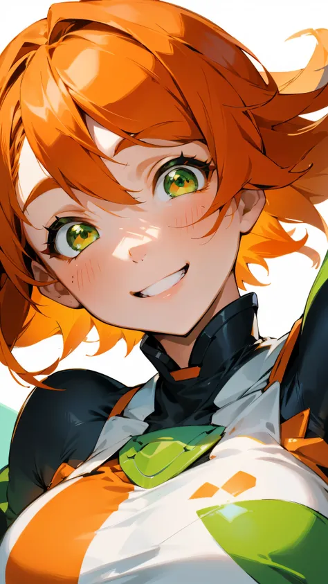 One woman 、 orange hair、Beautiful green eyes 、Grin、 upper body closeup