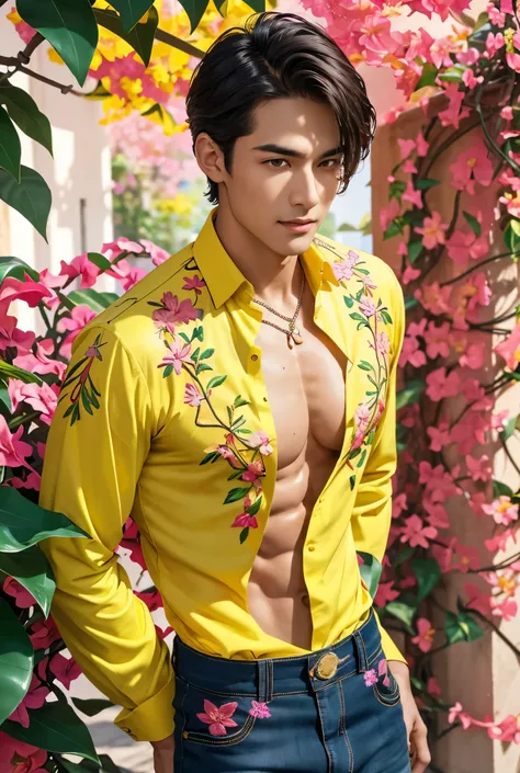 (absurdres, highres, extremely detailed, Ultra High Definition, masterpiece), Amongst vibrant bougainvillea vines A tall, lean, and muscular young man stands beneath an archway covered in cascading bougainvillea vines, their bright magenta and purple flowe...
