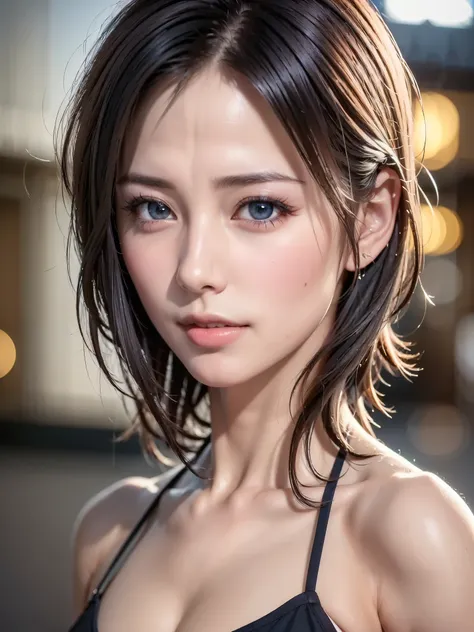 (masutepiece:1.3), (8K, Photorealistic, Raw photo, Best Quality: 1.4), (1girl in), Beautiful face, (Realistic face), (Black hair, Short hair:1.3), bikini of, Beautiful hairstyle, Realistic eyes, Beautiful detailed eyes, (Realistic skin), Beautiful skin, (N...