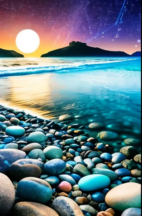 there is a beach with rocks and a full moon in the sky, digital art by Alexander Kucharsky, pixabay, conceptual art, makes the sea area glowing water, magical beach, glowing lights!! highly detailed, rocks), glowing crystals on the ground, rocky beach, man...