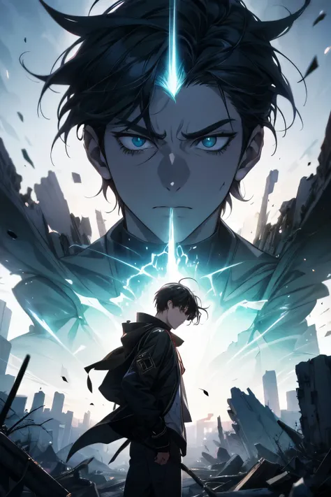 "An anime-style post-apocalyptic scene with a crimson and dark blue sky, showcasing the ruins of futuristic cities and shattered structures. In the foreground, two protagonists stand back-to-back: a young man with short spiky hair, surrounded by glowing me...