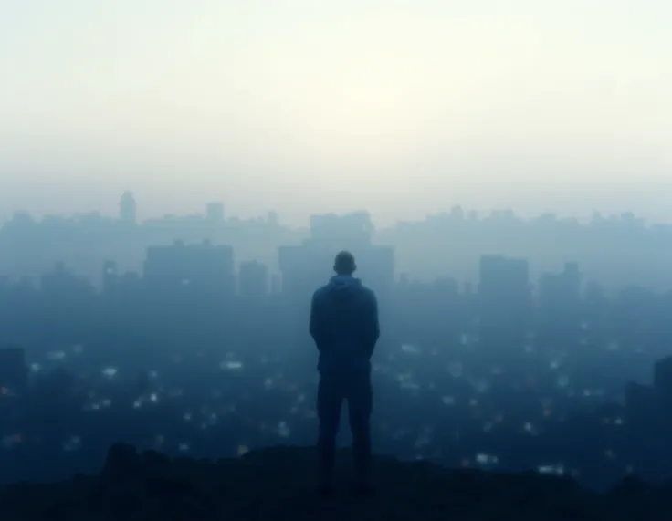 a large modern city in the background of the image ,  a person close to the screen with their back alone looking at this city from the top of a hill, deep image with well-defined contours 