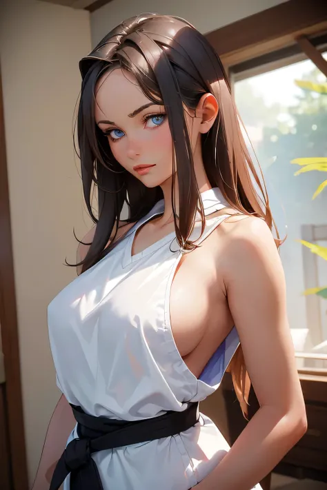  Beautiful woman . she is 29 years old . height 180 centimeters . Breast size 3 .  blue eyes  . brown-haired .  Shes a karateka  .  brown belt .  Shes training  . 