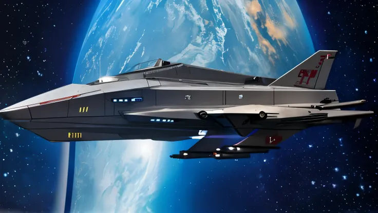 A space battleship sailing through outer space. The aircraft has a streamlined shape, and large cannons are installed in various parts of the aircraft.