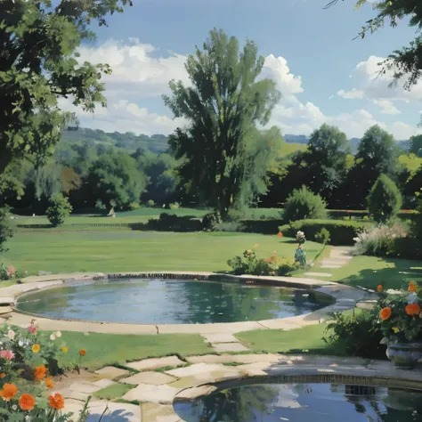 a view of a pool surrounded by trees and flowers in a garden, many plants and infinite pool, by Bernard D’Andrea, 🌻🎹🎼, with a garden as foreground, by André Bauchant, by Henriette Grindat, green grasse trees and river, terraced orchards and ponds, by Alber...