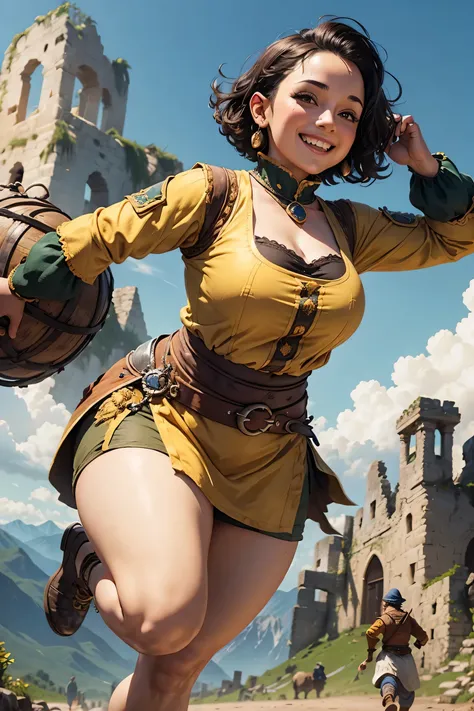  Dwar female merchant , (Prestigious outfit ),  messy mustard colored short hair,  Smiling expression , chubby body, Running pose,  background of mountains and dwarf ruins , medieval times,  well detailed .