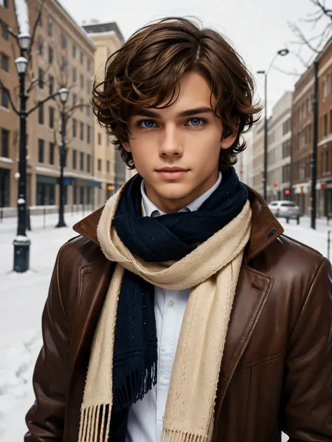 (best quality), 1boy, male, bronze white skin, brown hair, medium hair, slightly curly hair, dark blue eyes, perfect eyes, winter coat, scarf, cross necklace, slender body, smug, boyish, handsome, masterpiece, anatomically correct, highres
