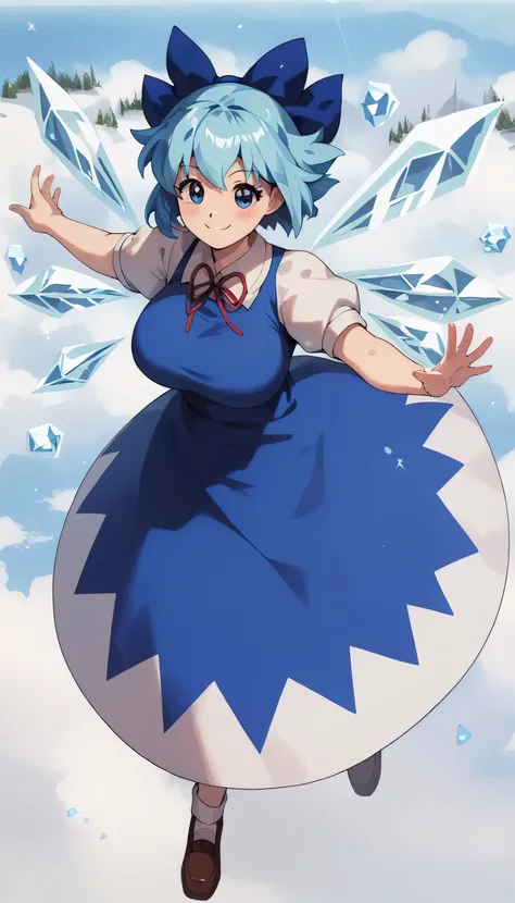 huge_breasts, ,, day, ,,Cirno
blue bow, blue dress, dress, ice, ice wings, wings, smile 