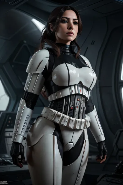there a beautiful thick busty girl in a sexy stormtrooper black armor from star wars, voluptuosa, imagen cuerpo completo, piernas largas, small waist, cabello escuro, ojos azules, labios gruesos, pose sexy, trasero redondo, futuristic starship crew member,...
