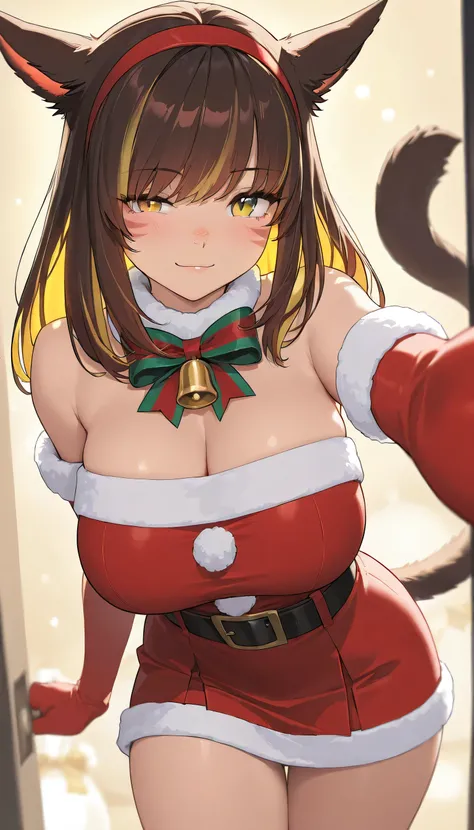 masterpiece,1girl, colored inner hair brown hair Yellow hair, Big Breasts, close one eye, santa, Miqote