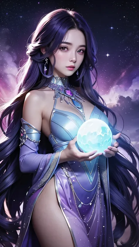 background:  create a crystal core , Cosmic Elements and Spiritual Atmosphere ， bright light mixed with colorful nebulae.Theme:  an enigmatic girl with a magical aura .She has been a long time,  colorful wave curls , Shiny hair stands out. his eyes are dee...