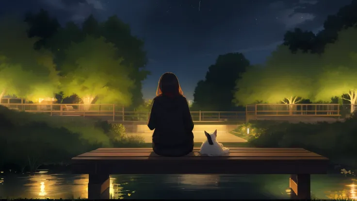 "A peaceful nighttime scene of a woman relaxing at the edge of an urban park. She sits comfortably on a bench or grassy area, surrounded by the soft glow of city lights in the distance. The park features vibrant greenery, gentle pathways, and a small pond ...