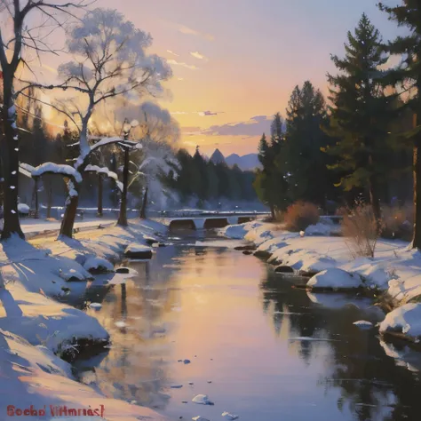 painting of a winter sunset over a stream in a snowy forest, warm beautiful scene, beautiful painting, winter painting, gorgeous painting, stunning painting, by Konrad Grob, by Roelof van Vries, beautiful art, beautiful oil painting, very very very beautif...