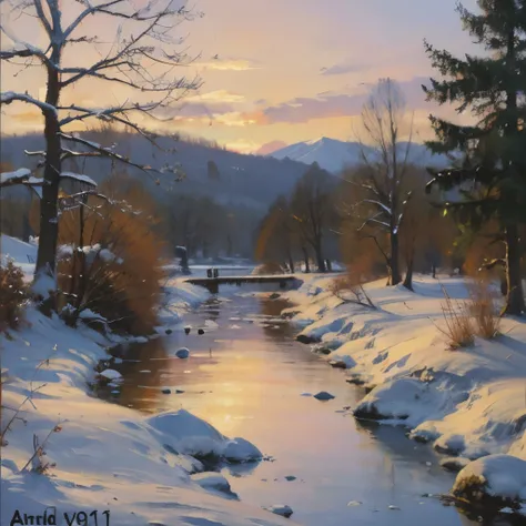 painting of a winter sunset over a stream in a snowy forest, warm beautiful scene, beautiful painting, winter painting, gorgeous painting, stunning painting, by Konrad Grob, by Roelof van Vries, beautiful art, beautiful oil painting, very very very beautif...