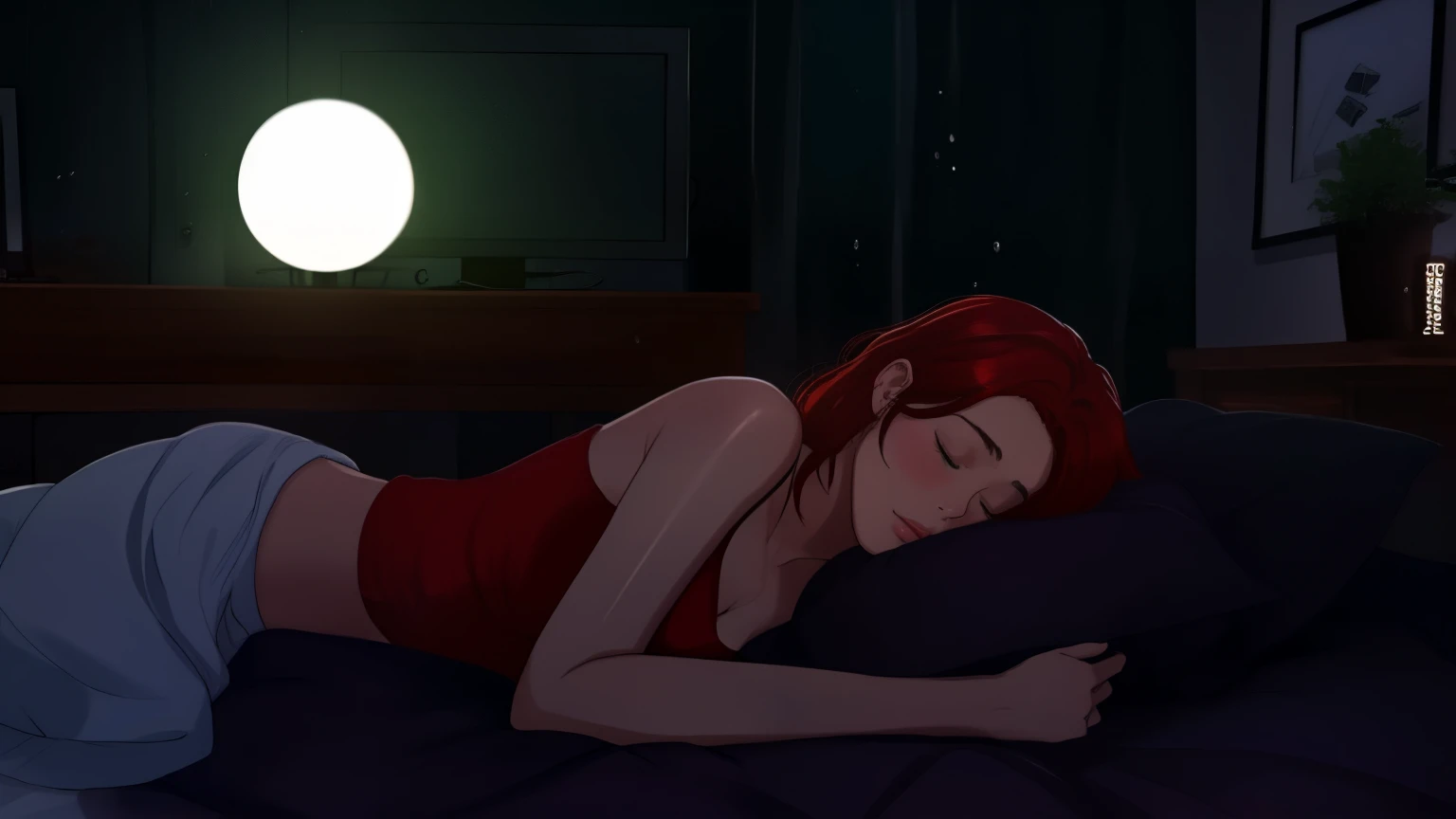 "A cozy and cinematic bedroom with a dark, rainy atmosphere. The room is illuminated by moody neon lights in shades of deep purple and soft green, casting a mysterious and calming glow on the walls. A woman with short auburn red hair is lying on her back o...