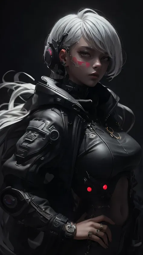 This is a hyper-detail、High resolution and superior quality CG Unity 8k wallpaper，The style is cyberpunk，principalmente preto e vermelho。Na foto, A beautiful girl with short hair with messy white hair appears，s rosto delicado，Using a  cyber and  historical...