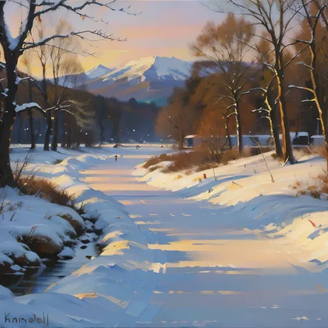 painting of a winter sunset over a stream in a snowy forest, a photorealistic painting by Konrad Grob, flickr, fantasy art, warm beautiful scene, beautiful painting, gorgeous painting, winter painting, stunning painting, beautiful art, beautiful oil painti...