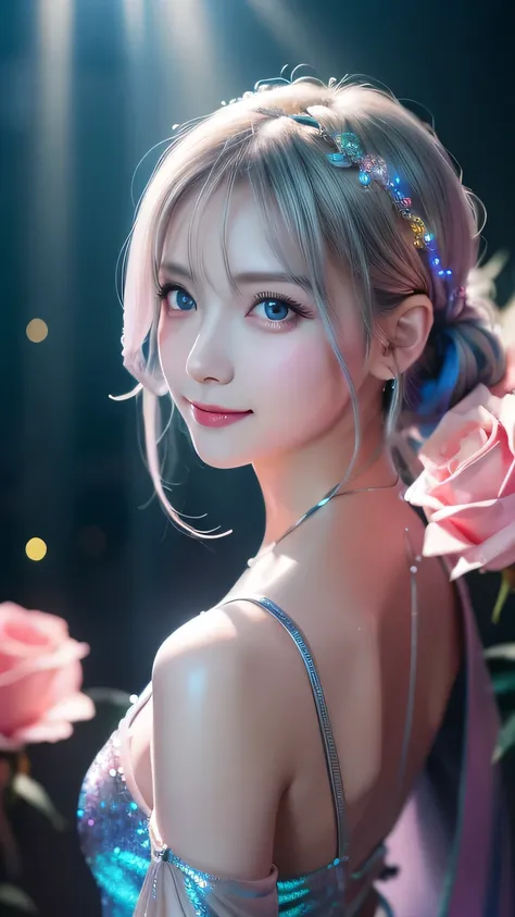 8k、 top quality ,  realistic  ,  super detailed  , hyper  realistic  , hyper detail,  Dynamic Posing :1.2、Girls only,   Prism Effect of Rainbow-Colored Light from Heaven ,  iridescent indirect lighting ,  rainbow-colored light from heaven ,  Iridescent Cei...