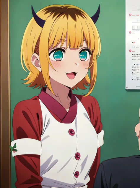 memcho,
Open your mouth, :3, smile, A slight blush,
short hair, Blonde, Multicolored Hair, Aqua Eye, Blunt bangs, (horn:1.2),(クリスマスコスプレ)