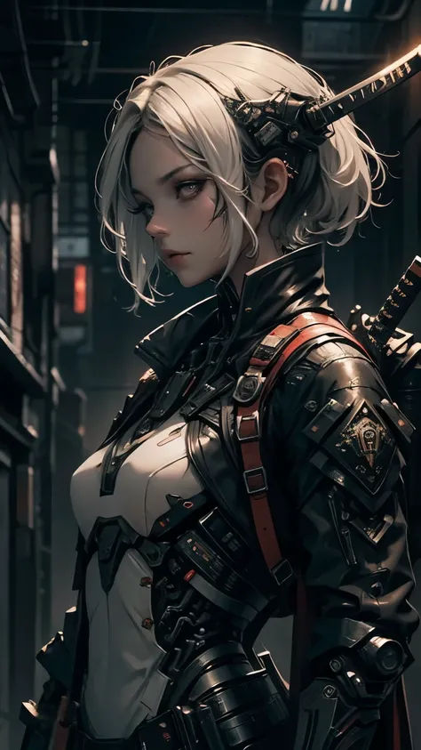 This is a hyper-detail、High resolution and superior quality CG Unity 8k wallpaper，The style is cyberpunk，principalmente preto e vermelho。Na foto, A beautiful  cyborg samurai girl with short hair with messy white hair appears，s rosto delicado，Using a  cyber...