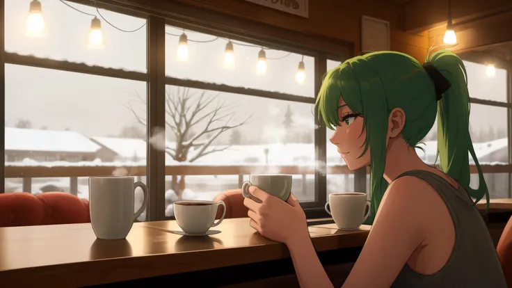 "A woman with green hair tied in a ponytail sits at a table in a cozy café, typing on a laptop. She is wearing a pink tank top, and the warm ambient lighting of the café creates a relaxing yet focused atmosphere. Behind her, the café interior features larg...