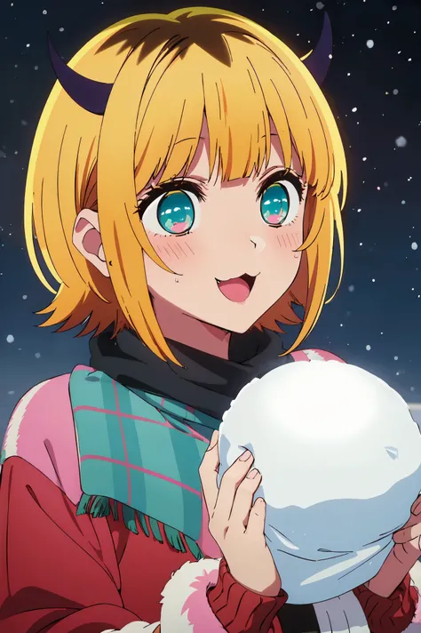 MEMcho,
Open your mouth, :3, smile, A slight blush,
short hair, Blonde, Multicolored Hair, Aqua Eye, Blunt bangs, (horn:1.2),(((Winter clothes)))、冬⛄️、 close-up